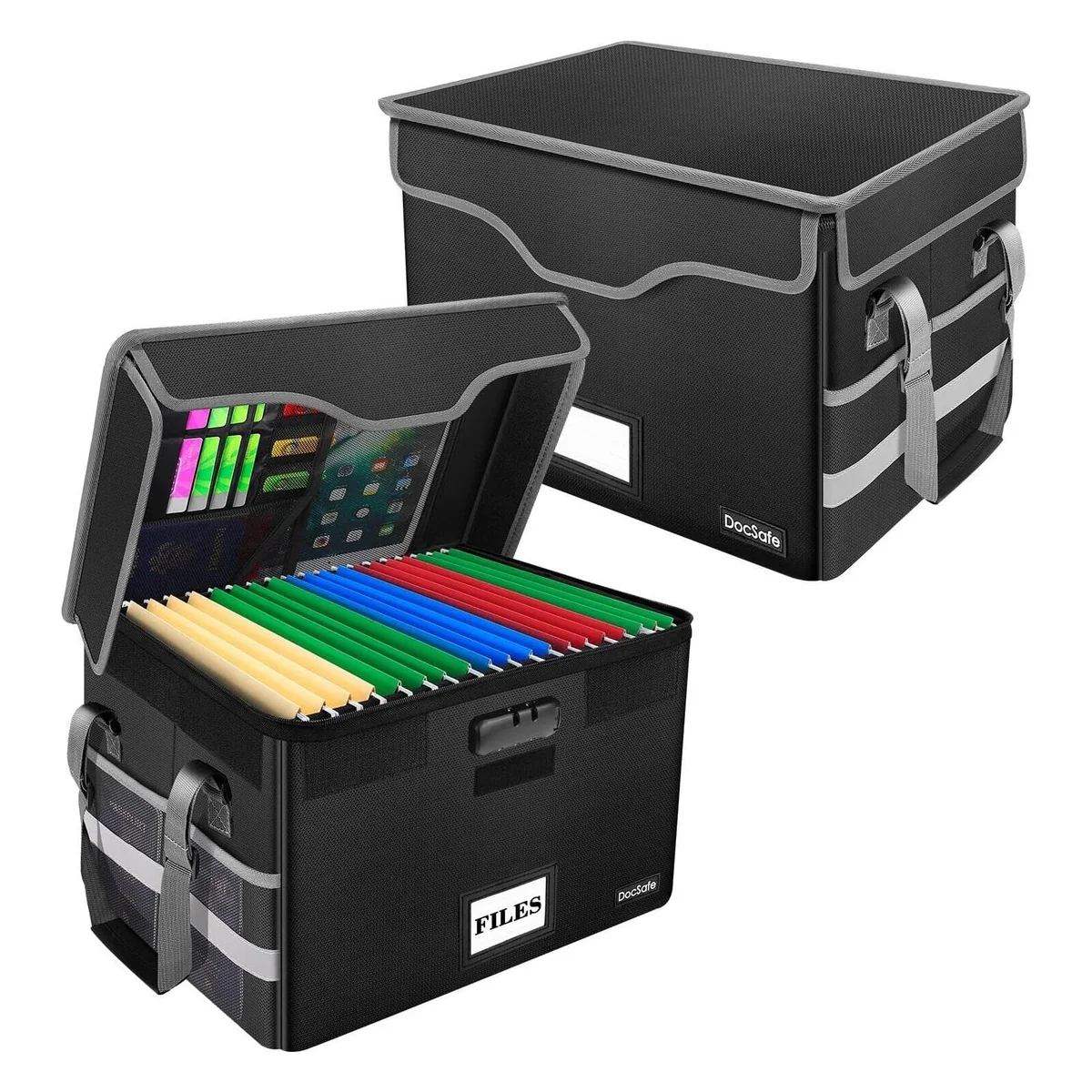 DocSafe Fireproof File Box with Lock and Mesh Pockets